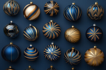 luxurious collection of christmas baubles in gold and blue tones with exquisite patterns, perfect for holiday decor