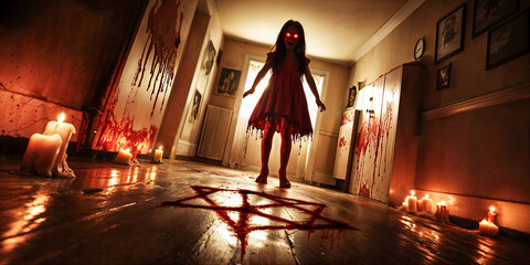 Possessed evil girl, demonic, exorcism, horror, Halloween, wide banner