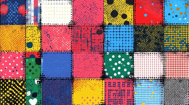 Colorful patchwork quilt with a variety of colors and patterns. The quilt is made up of many small squares, each with a different color and design. The overall effect is a vibrant