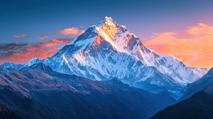 A majestic mountain peak with snow-capped summit illuminated by the golden light of the setting sun, with a beautiful, colorful sky in the background.