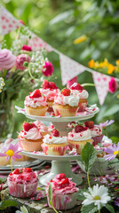 Elegant strawberry cupcakes with glaze and edible flower petals on tray for a charming dessert