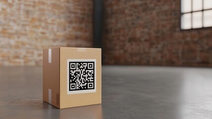Cardboard box with QR code, indoors against a brick wall background