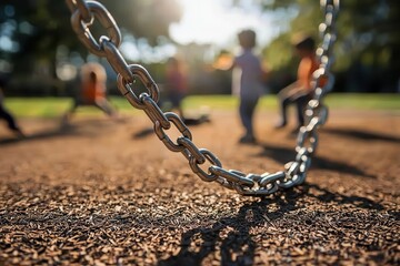 A close-up of a chain in a playground, with children playing blurred in the background under sunlight.