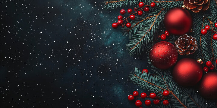 Red balls decoration and green Christmas tree on dark blue snowy snine background. Winter template, banner concept for Christmas, New Year and sale season. Web card and backdrop with space for text