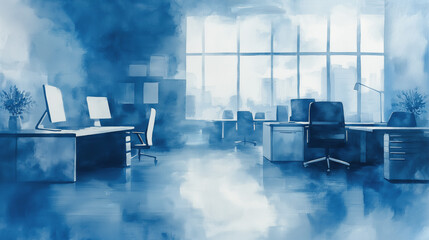 Blue Monday empty office space with desks and chairs in blue watercolor style, symbolizing gloomy atmosphere, heavy workload, stress, loneliness, and lack of motivation on a cold winter morning