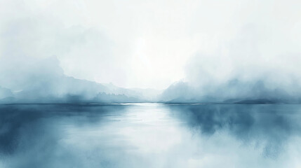 Fototapeta premium Blue Monday misty mountain lake landscape in winter, foggy hills and calm water reflections under overcast sky, serene and tranquil scene capturing melancholic mood of winter blues and seasonal
