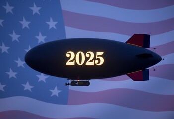 its side background 2025 American blimp flag illuminated
