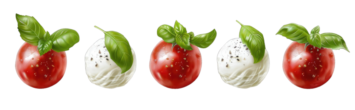 Three different images of mozzarella balls with tomato and basil, on a white background, with no shadows or text, in a cutout PNG