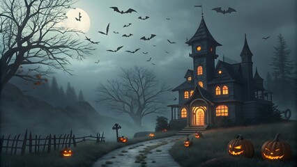 Fototapeta premium Halloween Night Castle with Pumpkin Flames, Spooky Castle and Bats