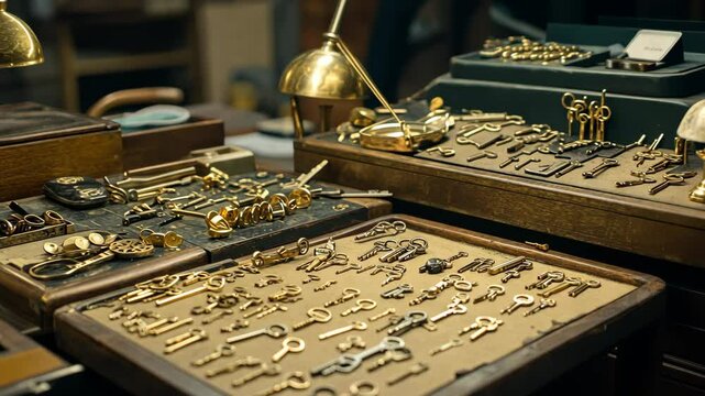 A collection of antique keys sits on a workbench in a locksmith shop