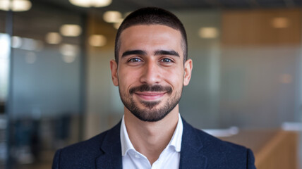 Obraz premium Smiling Caucasian male professional in a business suit with a modern office background, exuding confidence and positivity.