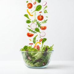 A vibrant salad mixture appears to be cascading into a clear glass bowl