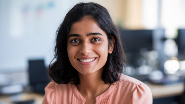 Smiling South Asian woman with dark, curly hair in a modern office environment, exuding warmth and professionalism.