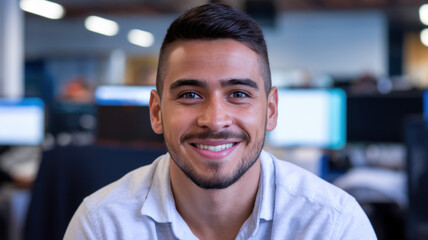 Obraz premium A young Hispanic man with a bright smile, wearing a light gray polo shirt, poses confidently in a modern office setting, with blurred computer screens in the background.