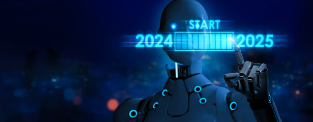 New trends in 2025 and technology Ai concept.Initiative innovation and technology.technology and Digital transformation in business and industry.AI robot and human hand on city background.