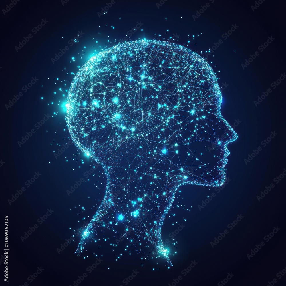 Poster abstract human head profile showing digital technology, artificial intelligence or computer engineer