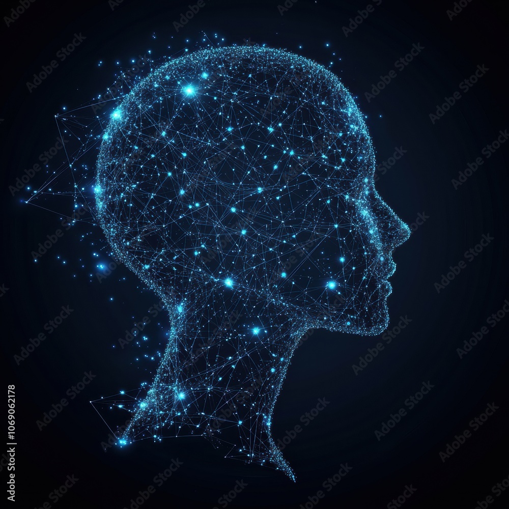 Poster glowing blue human head profile representing artificial intelligence and neural networks