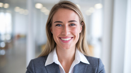 Obraz premium A confident young Caucasian woman in a gray suit smiles warmly, embodying professionalism in a well-lit office setting.