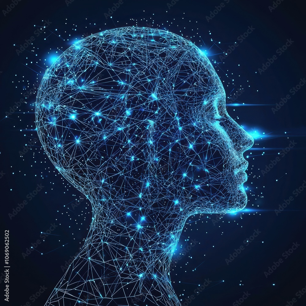 Poster Human head profile showing digital technology, artificial intelligence and neural network