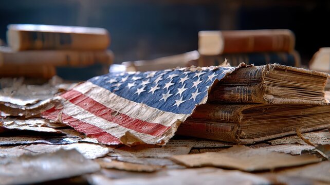 Vintage American flag rests atop old, worn books on a rustic table.