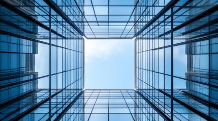 A view looking up through a glass-walled building, revealing the sky above.