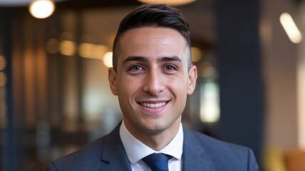 Fototapeta premium Smiling young Caucasian man in a business suit, conveying confidence and professionalism in a modern office setting.