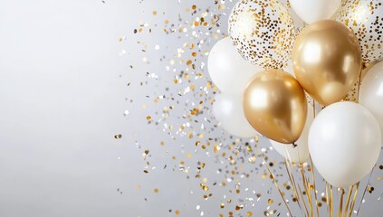 White and gold balloons floating with falling confetti on light gray background