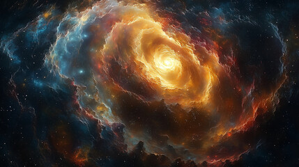dynamic celestial swirl with fiery golden tones engulfing a tranquil blue cosmos