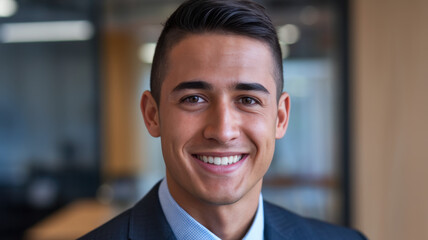Obraz premium A confident young Latino man in a suit smiles warmly at the camera, showcasing professionalism and approachability in a modern office environment.