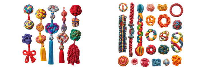 Colorful decorative knots and tassel arrangement on transparent background or png 
