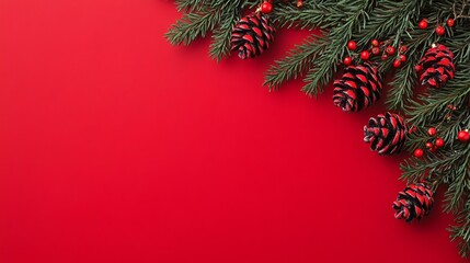 A festive arrangement of pine branches, red pinecones, and berries against a red background.