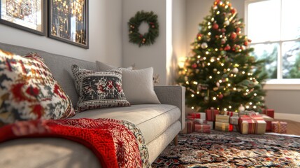 Cozy Living Room with Soft Textiles and Holiday Decor
