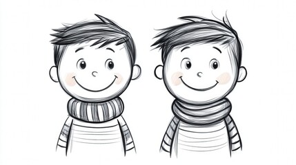 Cheerful twin boys in scarves: whimsical hand-drawn sketch art