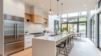 Fototapeta premium Modern Kitchen with Stainless Steel Appliances and Island Seating