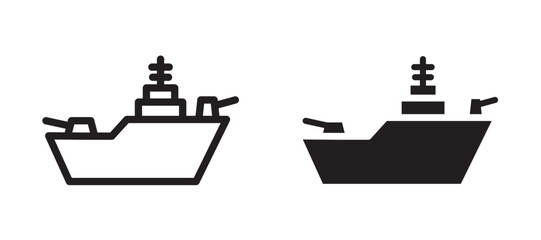 Warship vector icon set black filled and outlined style.