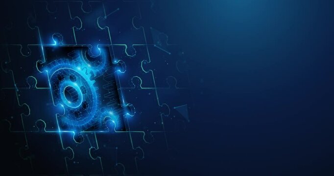 Abstract animation of low poly gears spinning together underneath jigsaw puzzle. Synergy problem solving, partnership and business teamwork concept by wireframe mesh. 4K looped motion graphic