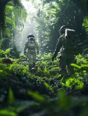 Fototapeta premium Astronauts in advanced suits explore lush alien jungle