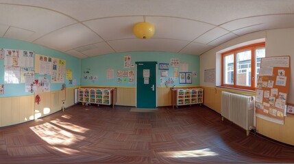 A brightly colored classroom with educational materials and furniture for young children.