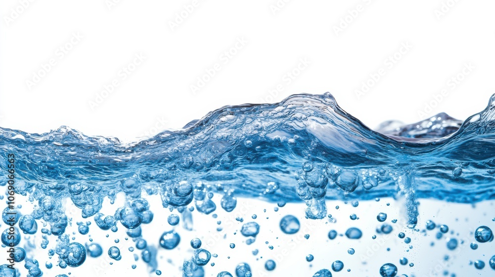 Poster blue water wave with bubbles creating a refreshing splash on white background