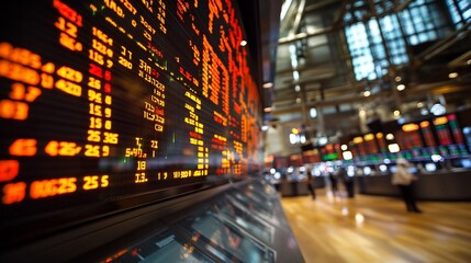 Fototapeta premium A large digital display showing stock market data with blurred people walking in the background.