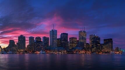 A vibrant city skyline at dusk, showcasing modern architecture reflected in water under a colorful sky.