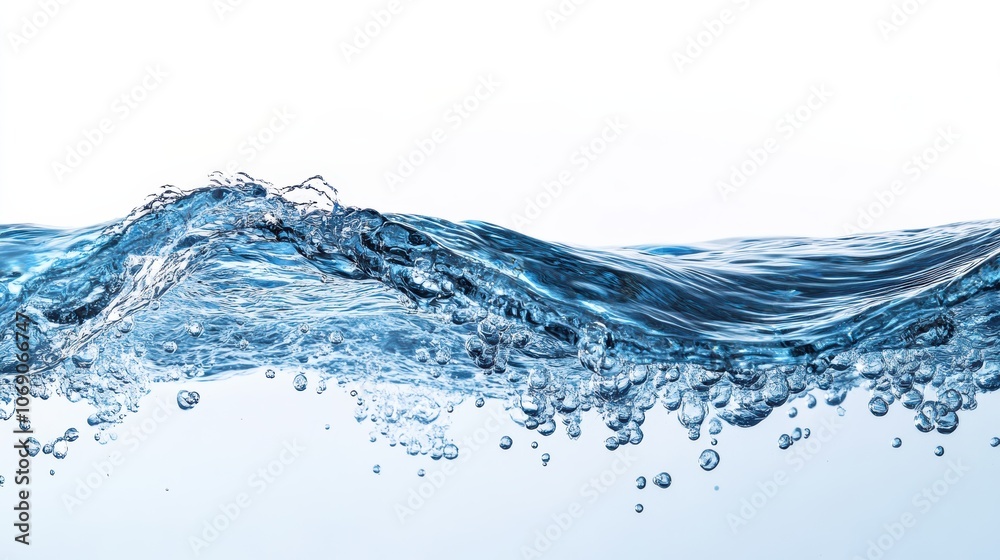 Poster Clean water wave splashing with bubbles on white background