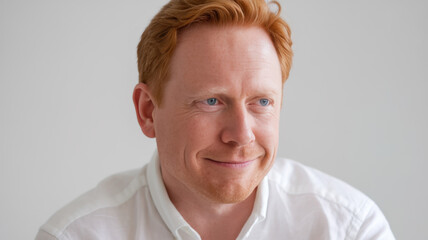 Obraz premium Smiling Caucasian male with red hair in a light shirt, radiating warmth and approachability against a soft, neutral background.