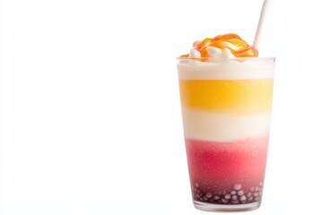 A colorful layered dessert drink with mango, coconut, and strawberry flavors topped with cream and a drizzle of syrup.
