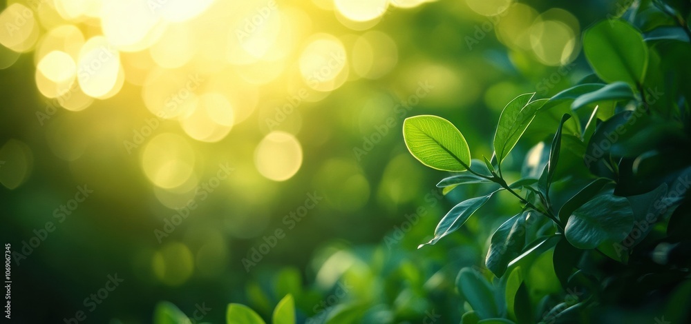 Poster Sunlight filtering through green leaves creating bokeh effect: environmental awareness