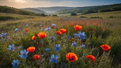 Hills and mountains landscape with field of green grass and blue wildflowers and red poppies