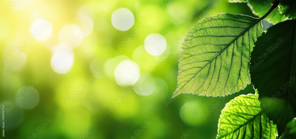 Poster Sunlight shining through green leaves creating bokeh effect and symbolizing nature