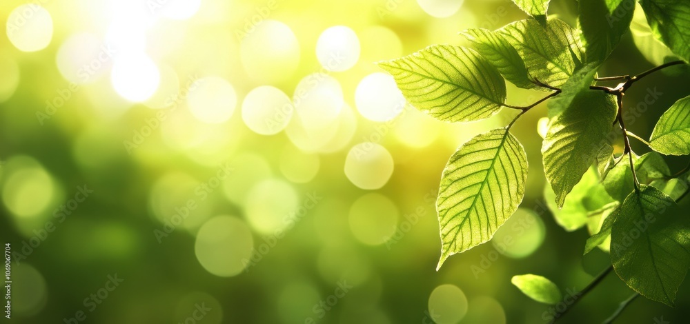 Poster sunlight shining through green leaves creating bokeh effect, symbolizing nature and environmental aw