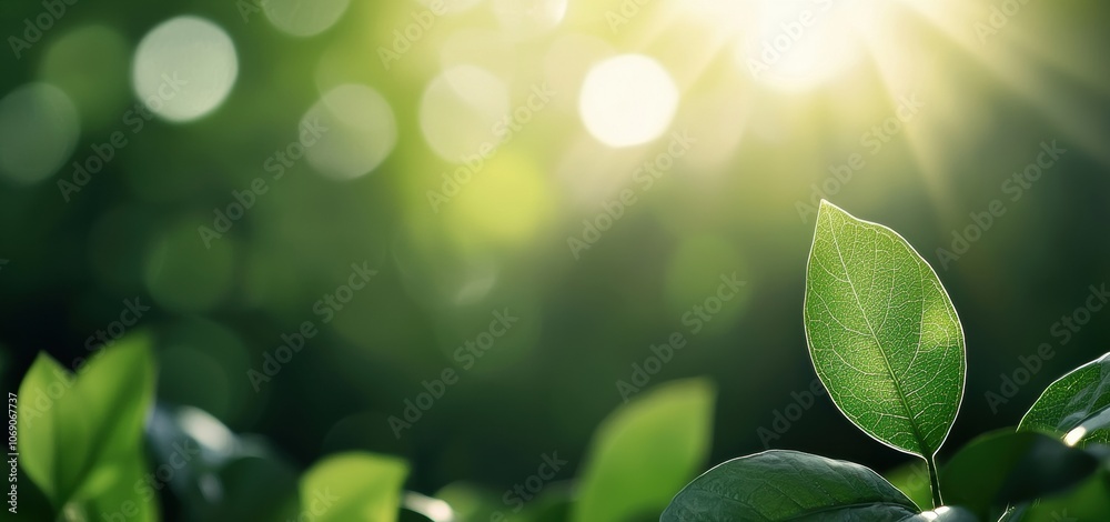 Poster Sunlight shining through green leaves creating bokeh effect and highlighting one leaf