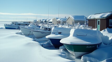 Fototapeta premium Snow-covered boat and houses in a winter landscape.